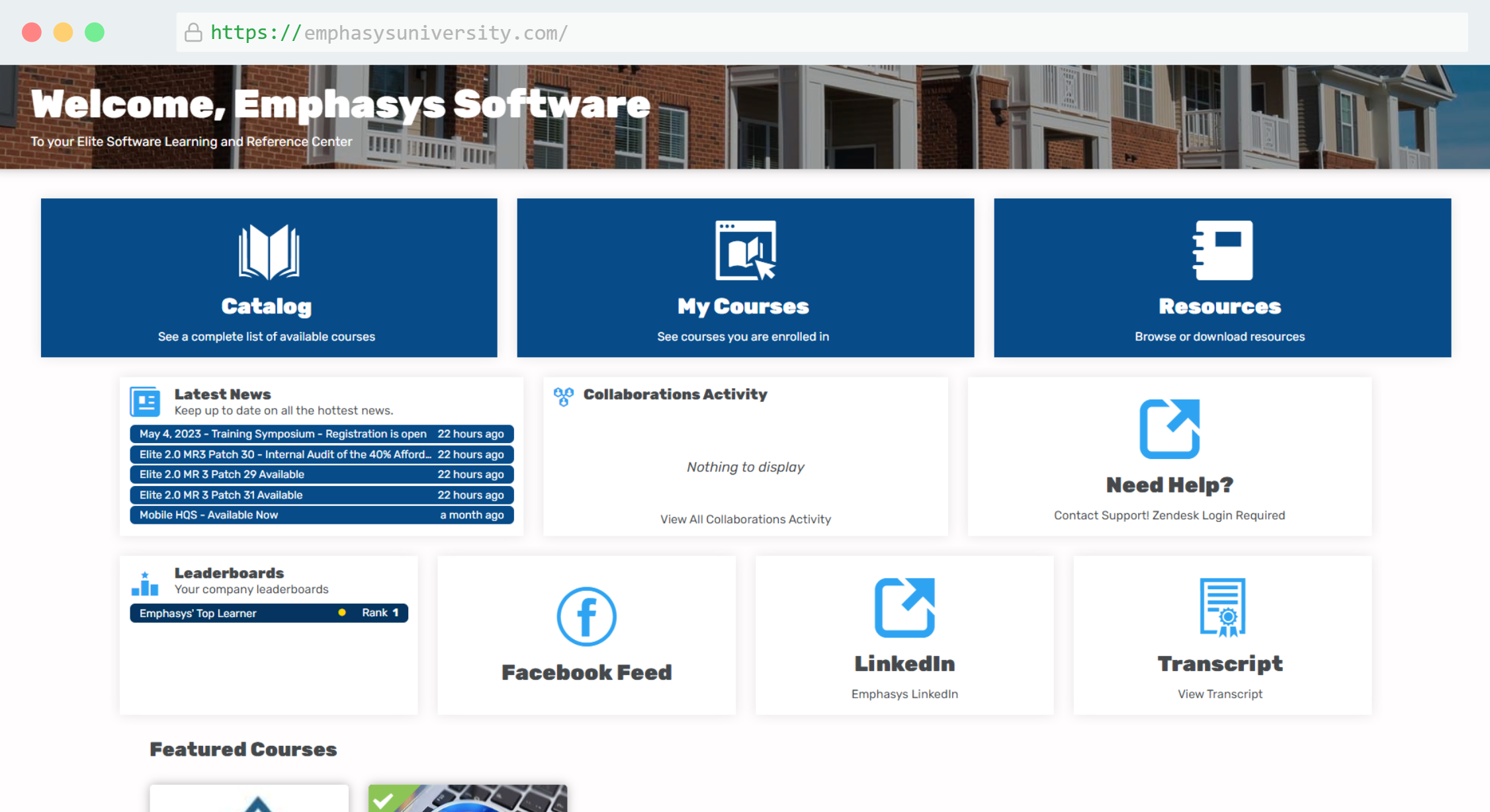 A screenshot of the Emphasys University dashboard